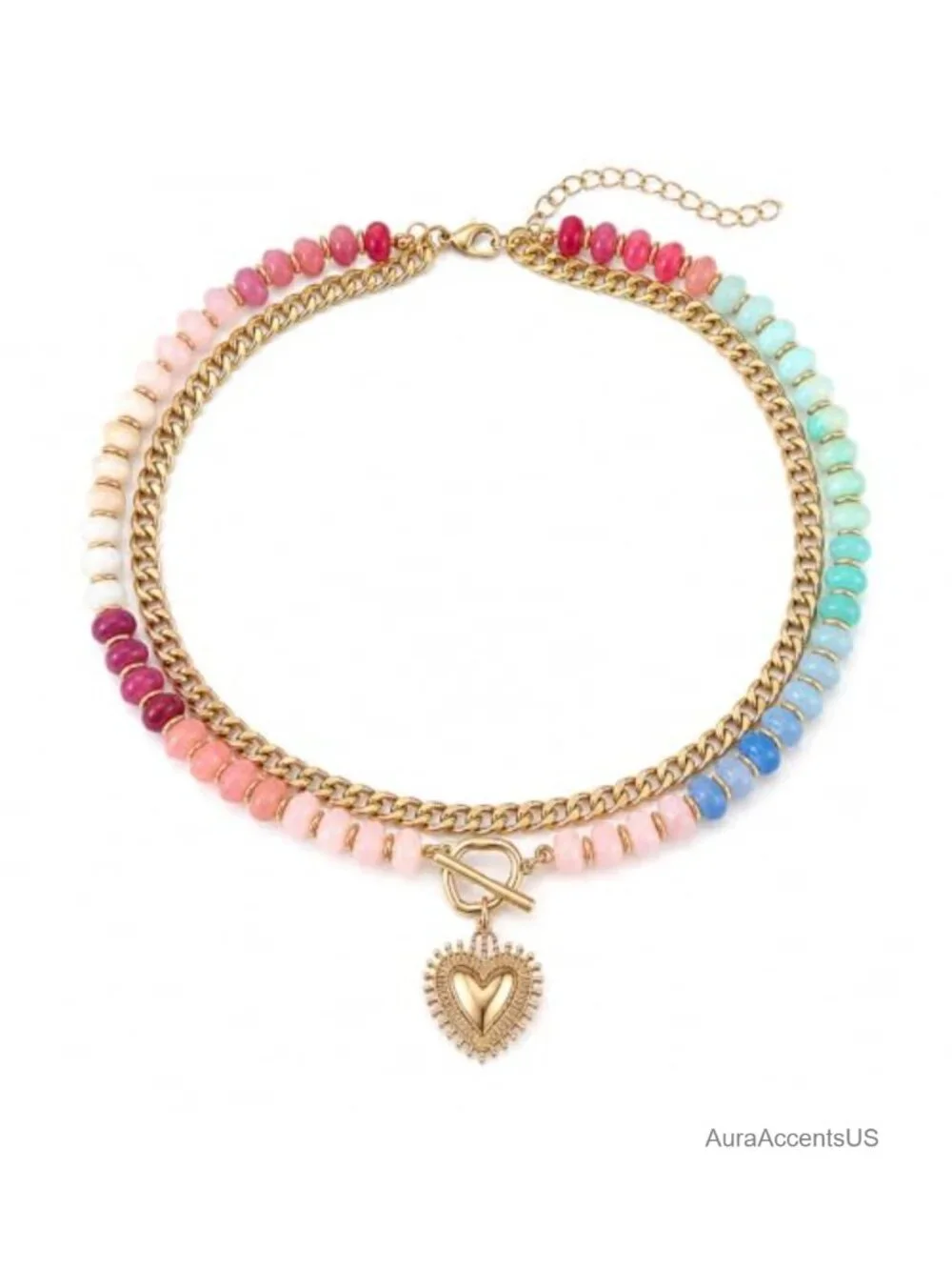 Layered Beaded Choker Necklace for Women Gold Heart Acrylic Y2K Preppy